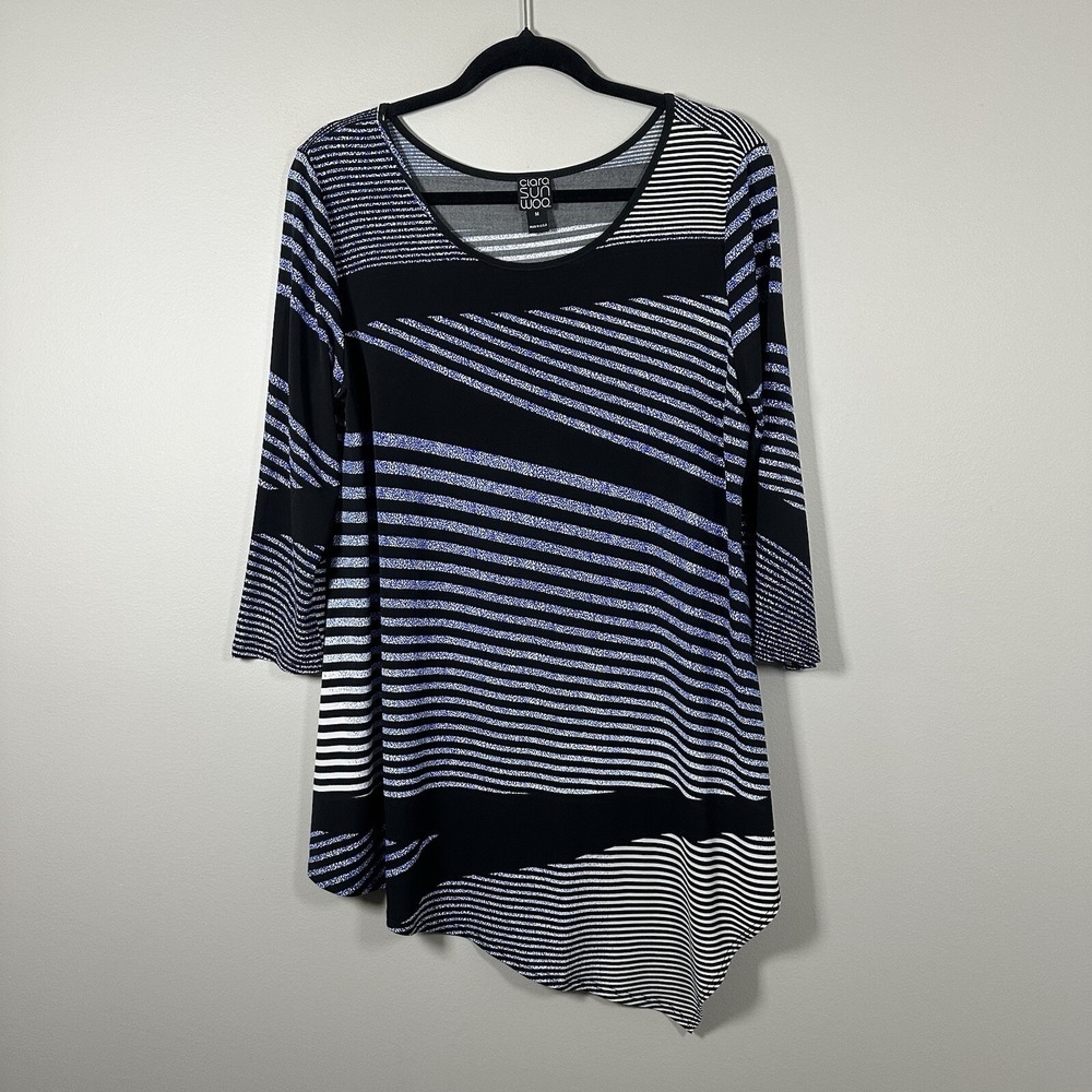 Clara Sun Woo Medium Black Blue White Stripe Asymmetrical 3/4 Sleeve Top